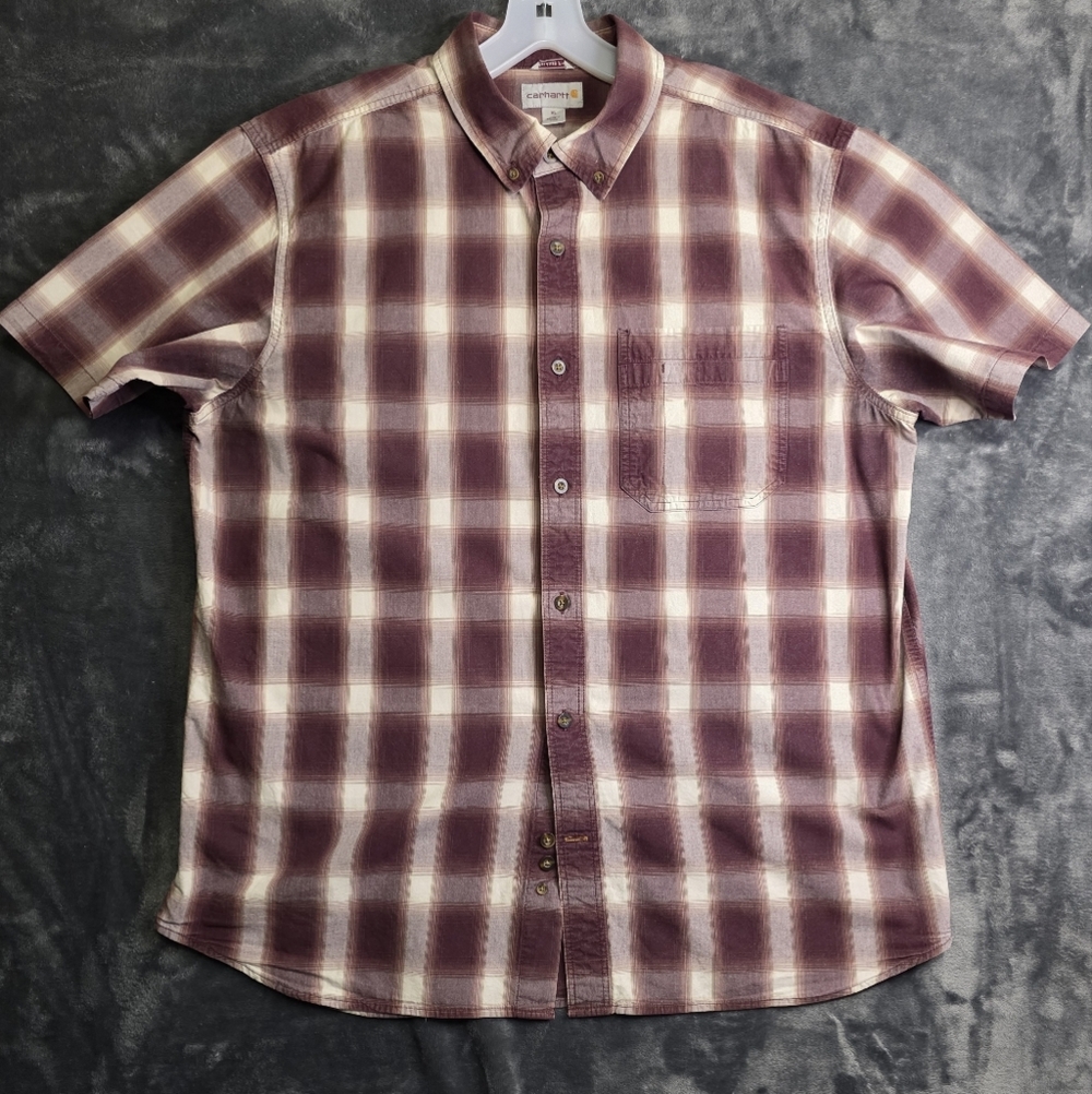 Carhartt Men's Plaid Shirt - Burgundy and Cream